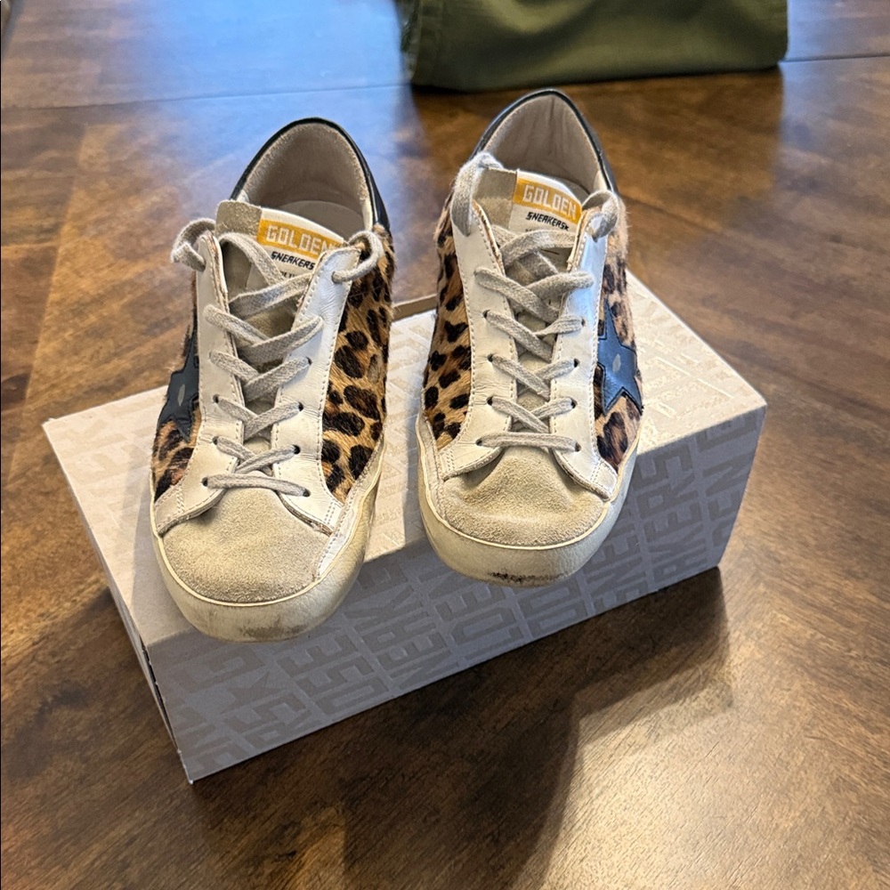 Golden Goose Leopard Print and White Superstar Sneakers with Black Star